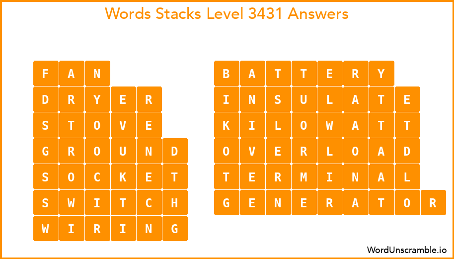 Word Stacks Level 3431 Answers
