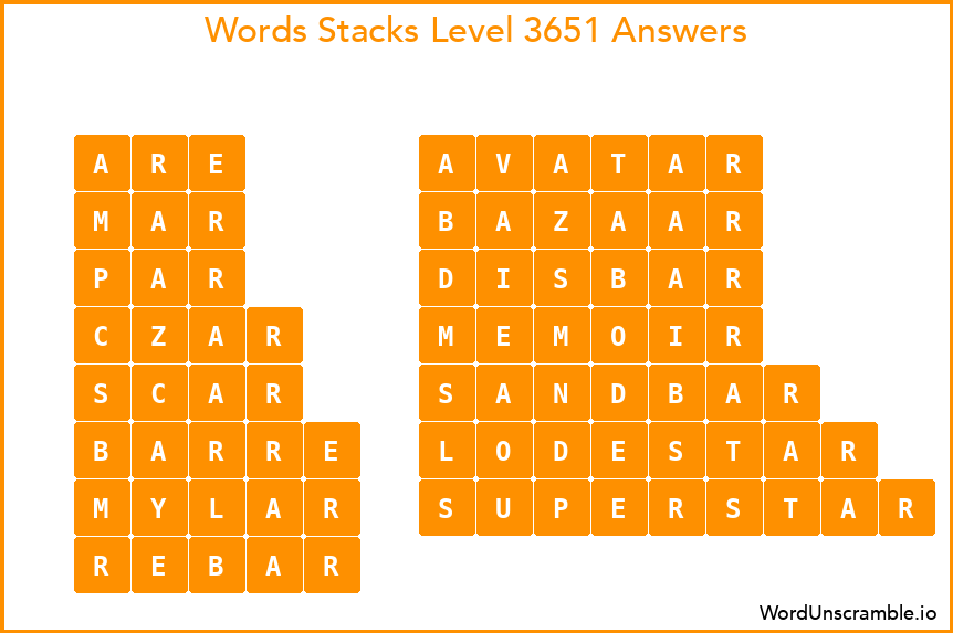 Word Stacks Level 3651 Answers