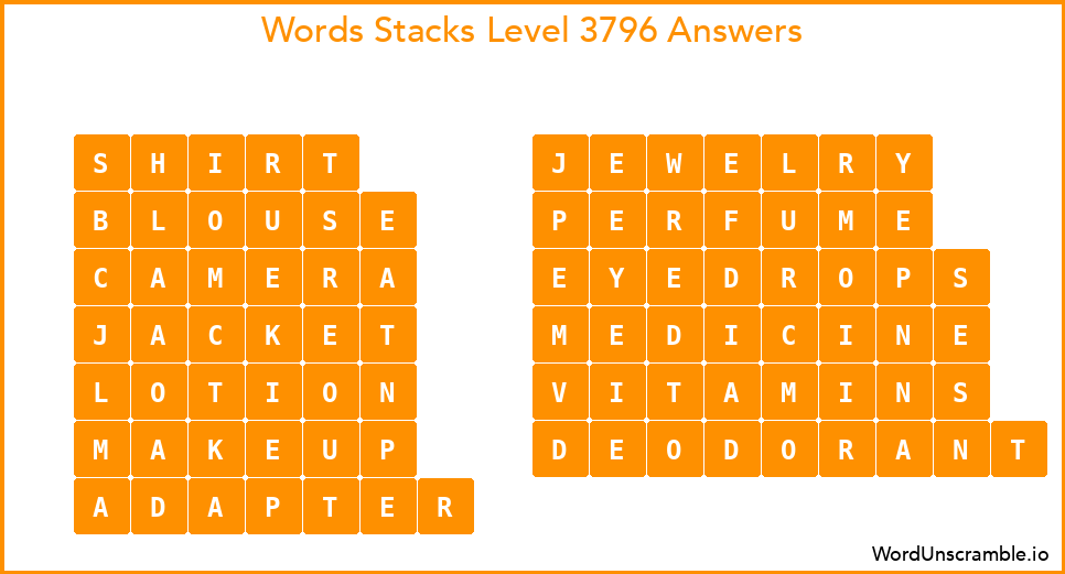 Word Stacks Level 3796 Answers