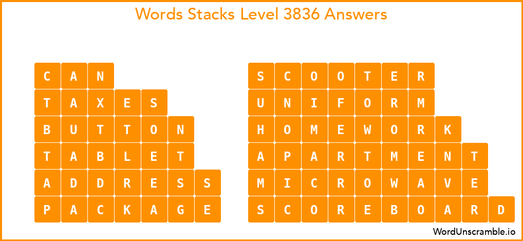 Word Stacks Level 3836 Answers